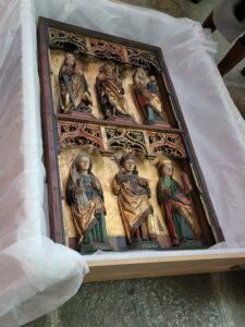 Skrzydło ołtarzowe z Ingeln, warsztat południowoniemiecki, Dolna Saksonia, ok. 1500 r., 141,5 × 82 cm, polichromia, złocenie, drewno, złoto. źr. MKDiN